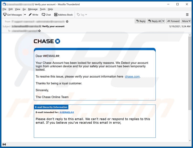 Chase account has been locked email scam campagna di spam via e-mail