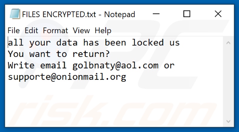 Coms file di testo ransomware (FILES ENCRYPTED.txt)