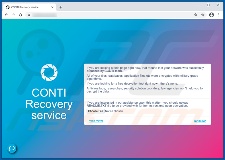 Screenshot di un sito Web a cui la nota del ransomware CONTI conduce gli utenti