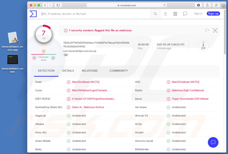 Rilevamenti di adware GeneralObject su VirusTotal