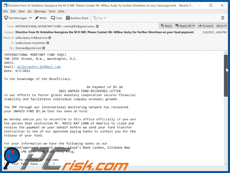 Un altro esempio dell'email spam INTERNATIONAL MONETARY FUND (2021-05-06)