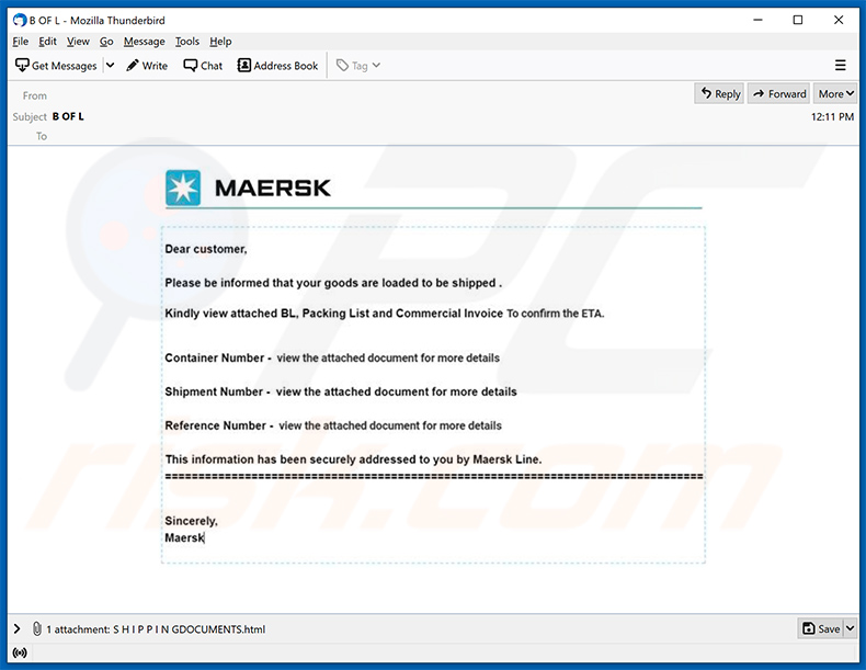 Un altro esempio di e-mail di spam a tema Maersk che prolifera un file HTML utilizzato per scopi di phishing