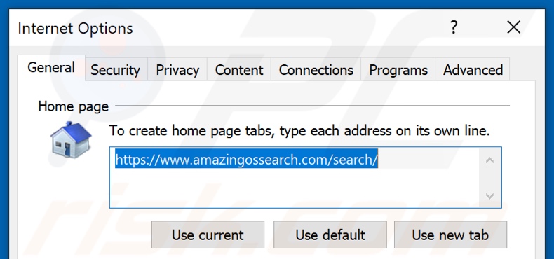 Rimozione di amazingossearch.com dalla home page di Internet Explorer