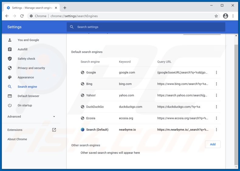 Rimozione di nearme.io dal motore di ricerca predefinito di Google Chrome