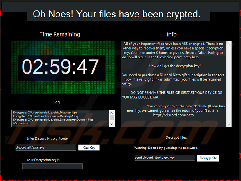Screenshot di una finestra pop-up visualizzata da un'altra variante di Nitro ransomware (2021-05-04)