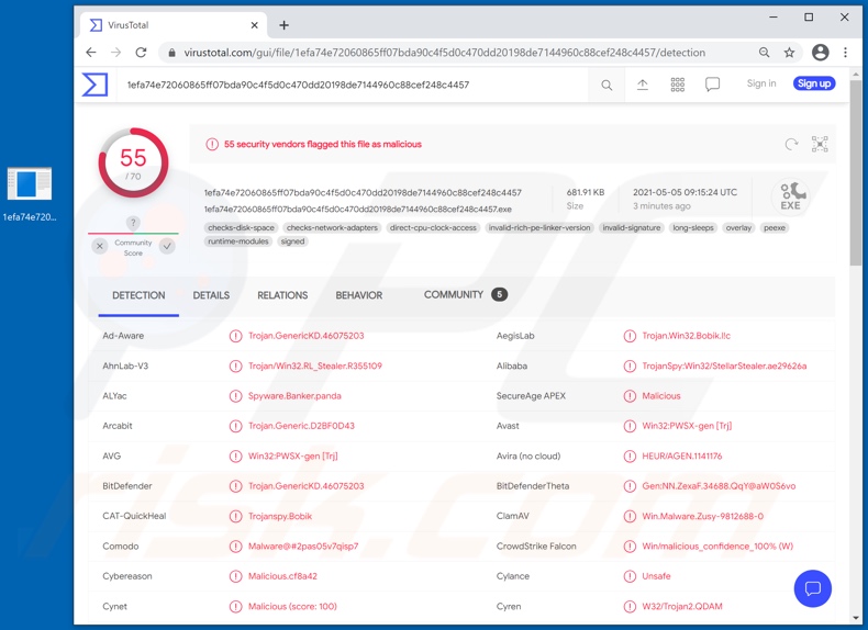 Rilevamenti di malware Panda su VirusTotal