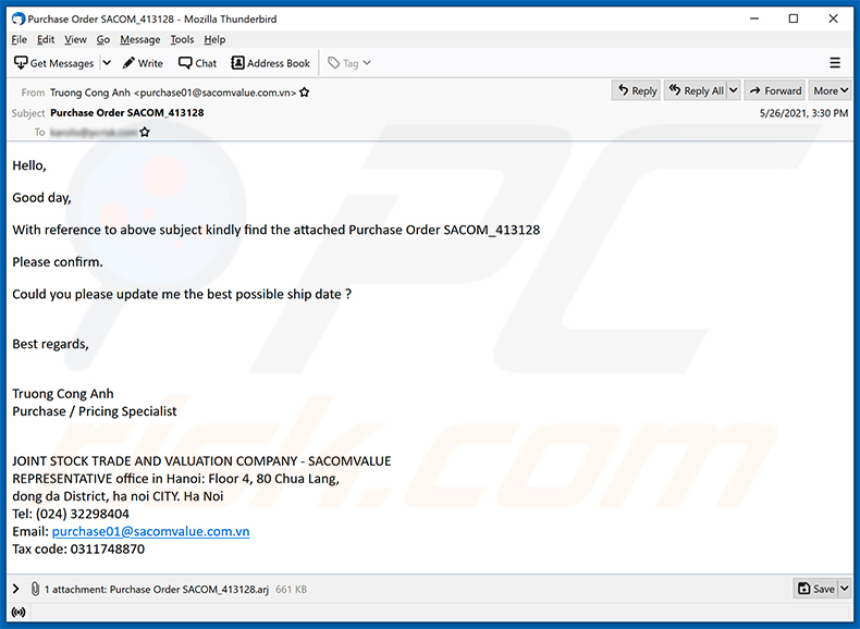 Ancora un altro esempio di email spam a tema Purchase Order che promuove un malware (njRAT)(2021-05-27)