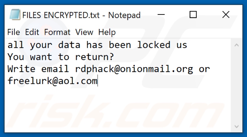 Screenshot del file di testo di Rdp (Dharma) ransomware