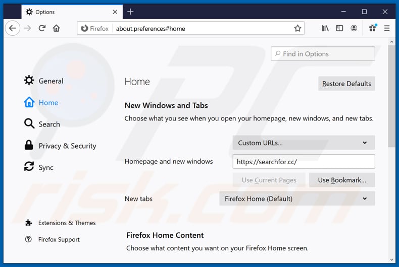 Rimozione di searchfor.cc dalla home page di Mozilla Firefox