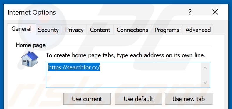 Rimozione di searchfor.cc dalla home page di Internet Explorer