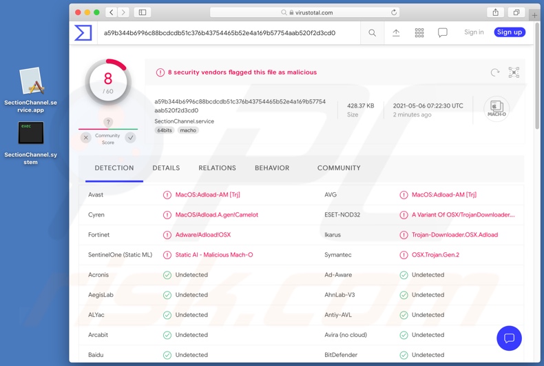 Rilevamenti di adware SectionChannel su VirusTotal