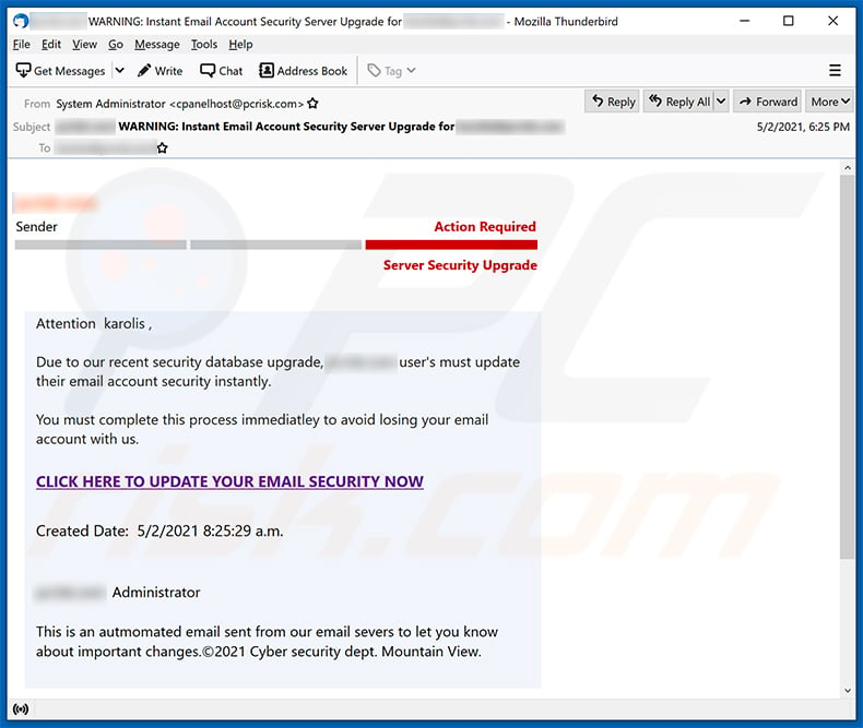 Un altro email spam a tema aggiornamento che promuove un sito Web di phishing