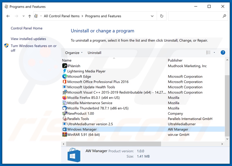 Disinstallazione dell'adware di Windows Manager tramite il Pannello di controllo