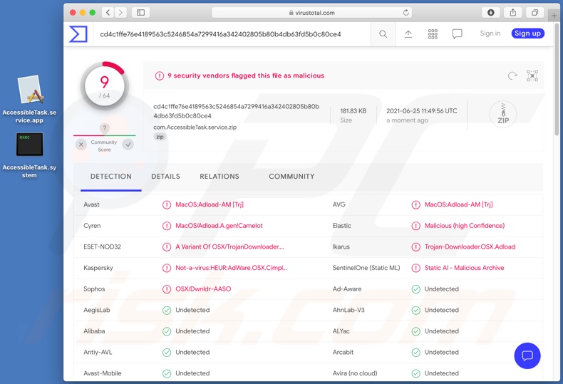 Rilevamenti di adware AccessibleTask su VirusTotal