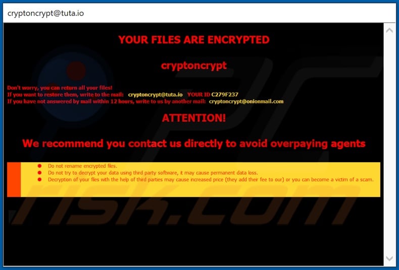 Istruzioni per la decrittografia di Cryptoncrypt (finestra pop-up)