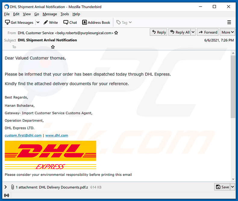 Ancora un altro esempio di e-mail di spam a tema DHL Express usata per diffondere Agent Tesla (2021-06-08)