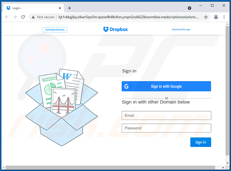 Screenshot del sito di phishing promosso (sito Web Dropbox fasullo)