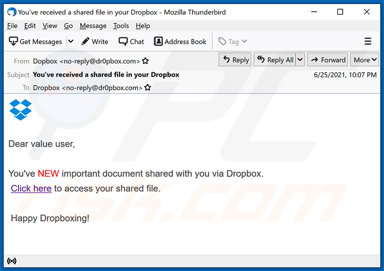 Email di spam a tema Dropbox (2021-06-30)