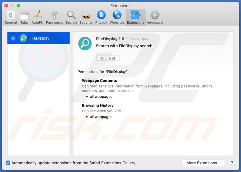 Adware FileDisplay installato sul browser Safari: