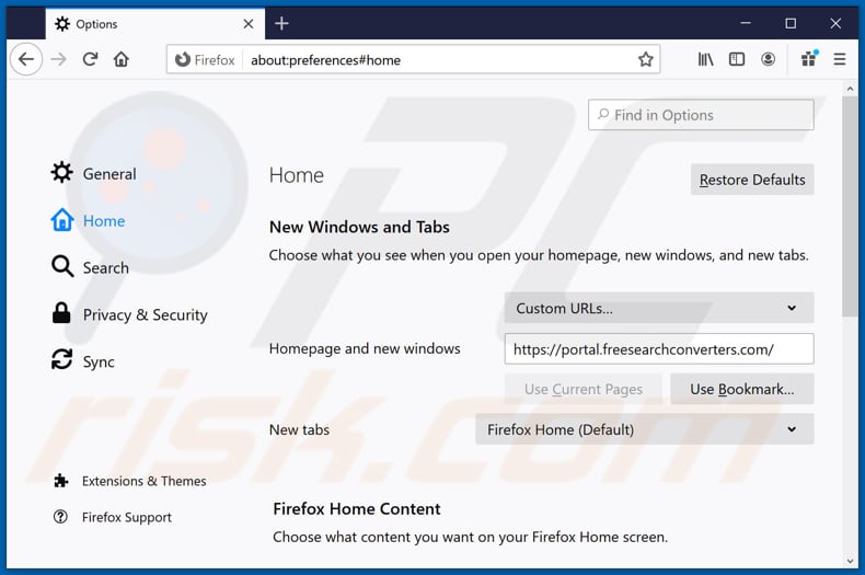 Rimozione di freesearchconverters.com dalla home page di Mozilla Firefox