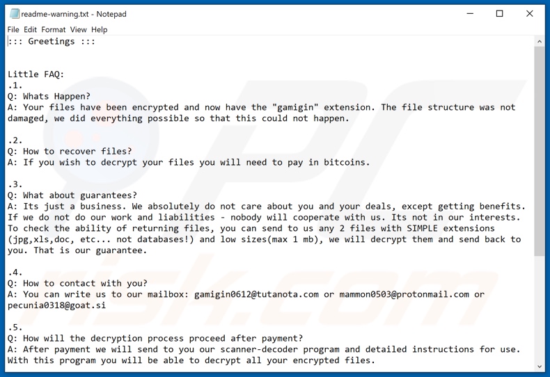 Istruzioni per la decrittografia di Gamigin (readme-warning.txt)