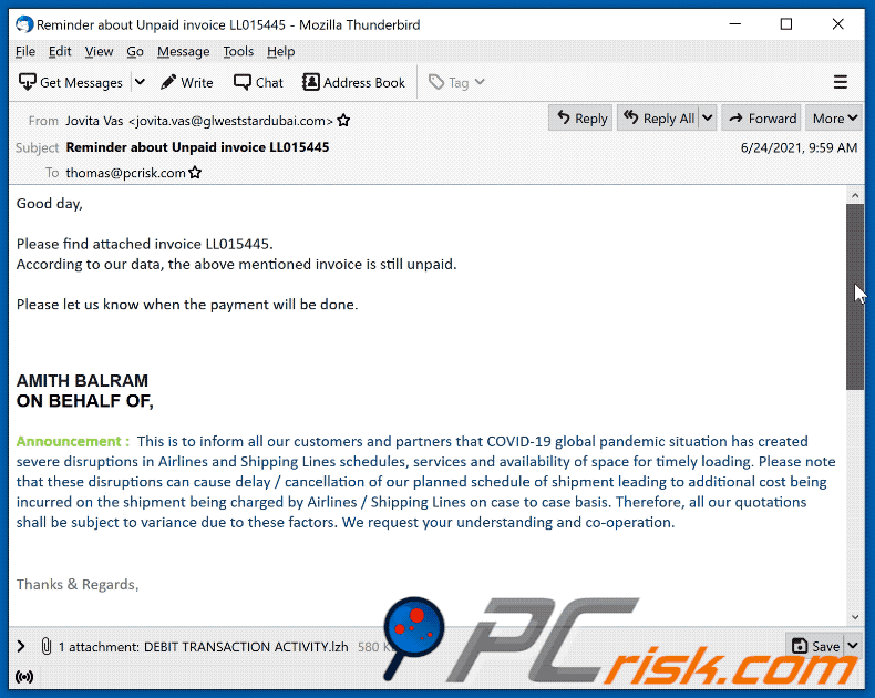 Ancora un altro esempio di e-mail di spam a tema fattura utilizzata per diffondere malware (2021-06-30)