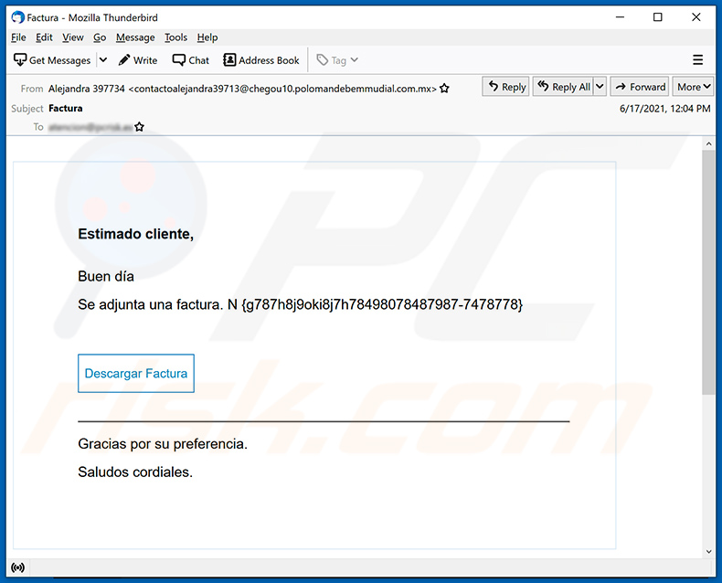 Una variante spagnola dell'e-mail di spam a tema fattura che promuove un sito Web di phishing