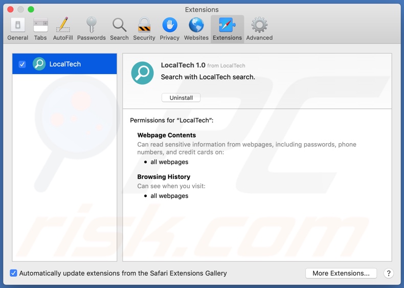 Adware LocalTech installato su Safari