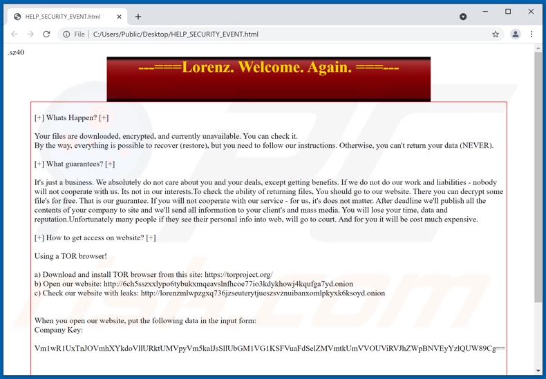 Schermata della richiesta di riscatto di Lorenz ransomware (