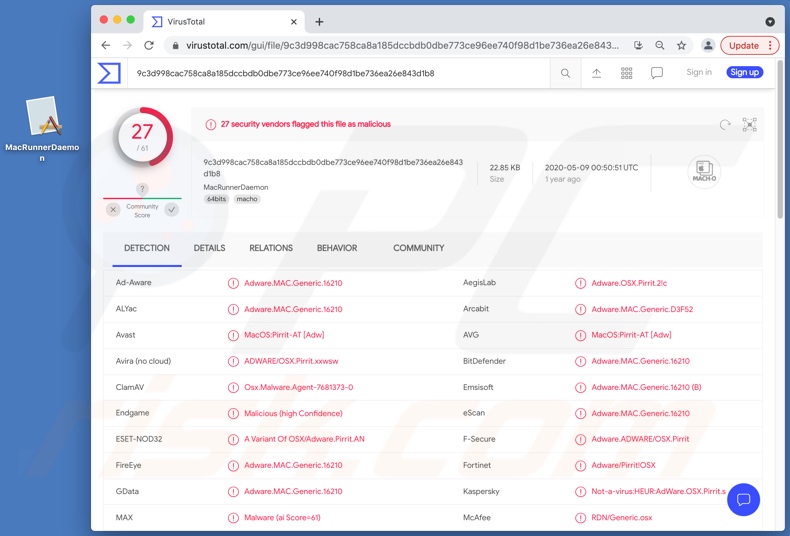 Rilevamenti di adware MacRunnerDaemon su VirusTotal