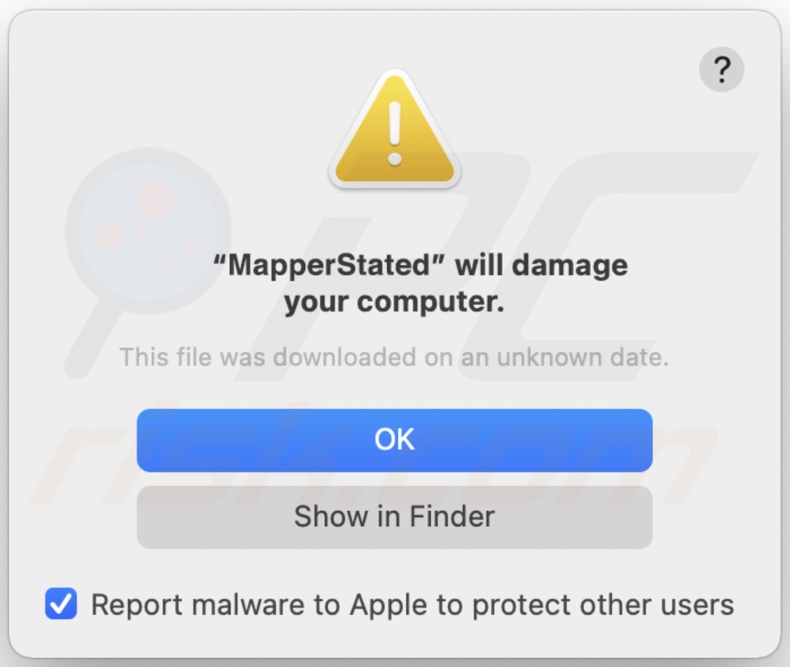 Pop-up mostrato quando l'adware MapperState è presente nel sistema