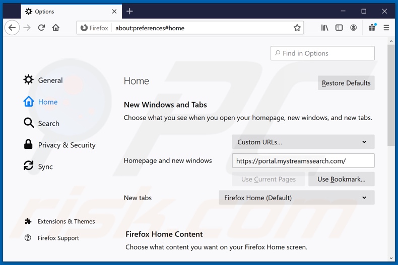 Rimozione di mystreamssearch.com dalla home page di Mozilla Firefox