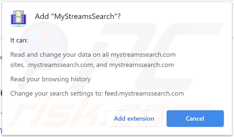 MyStreamsSearch dirottatore del browser che chiede i permessi