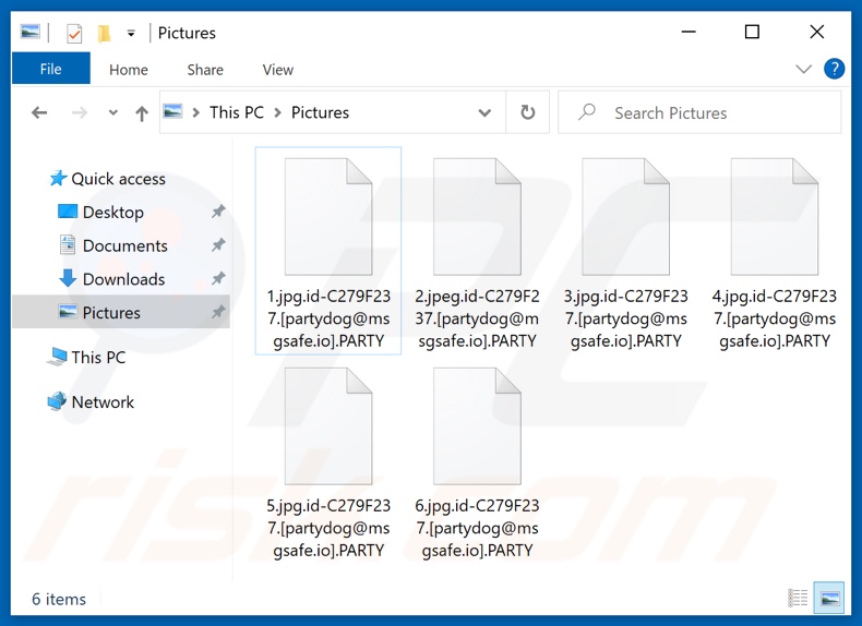 Screenshot dei file crittografati da PARTYDOG (estensione 