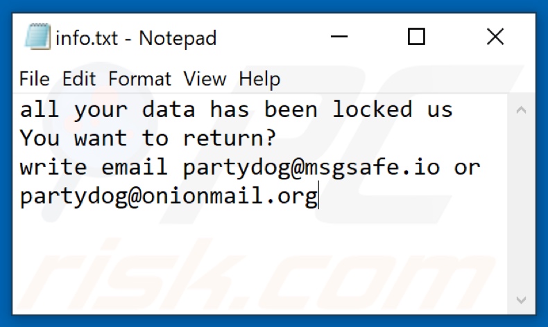 File di testo del ransomware PARTYDOG (info.txt)