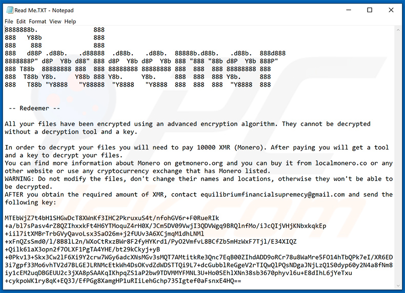 Screenshot del file di testo di Redeemer ransomware (Read Me.TXT)
