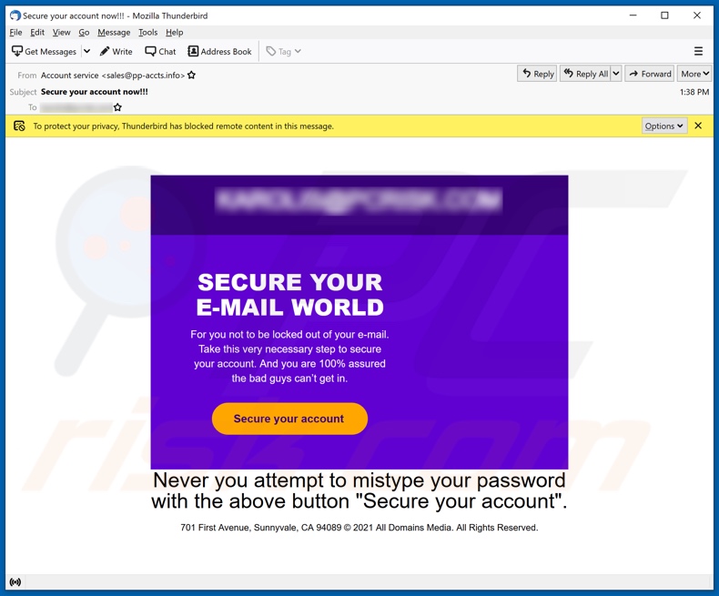 SECURE YOUR E-MAIL WORLD spam campagna