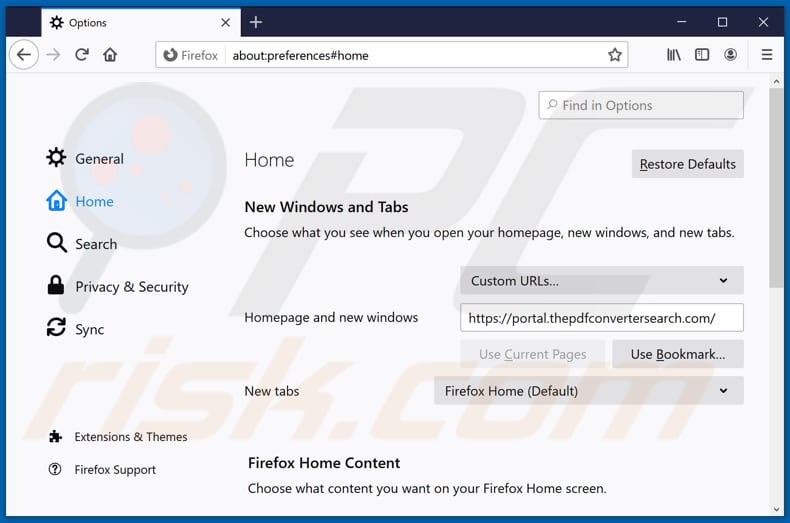 Rimozione di thepdfconvertersearch.com dalla home page di Mozilla Firefox