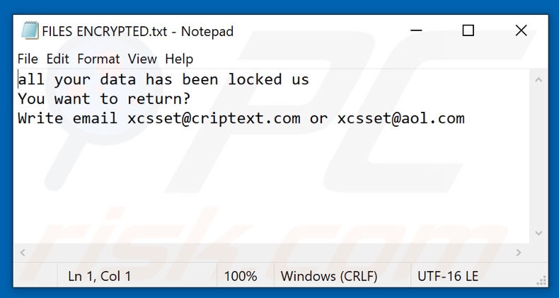 File di testo ransomware Xcss (FILES ENCRYPTED.txt)
