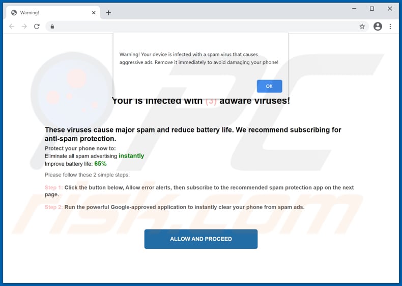 Your device is infected with a spam virus scam truffa