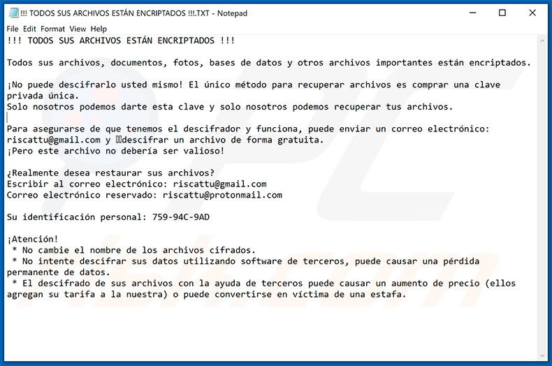 Una richiesta di riscatto spagnola del ransomware ZEPPELIN - !!! TODOS SUS ARCHIVOS ESTÁN ENCRIPTADOS !!!.TXT