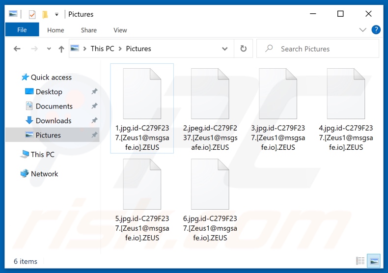 Screenshot dei file crittografati dal ransomware ZEUS (estensione 