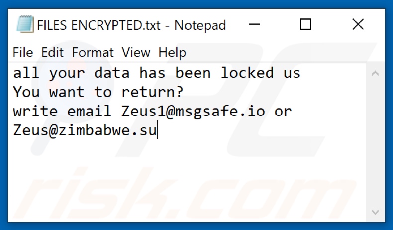 Screenshot del file di testo del ransomware ZEUS (FILES ENCRYPTED.txt)