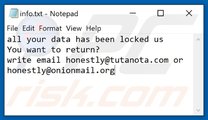 File di testo del ransomware ZIG (info.txt)