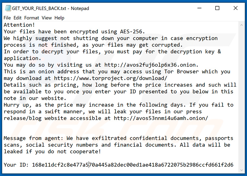 Istruzioni per la decrittografia di AvosLocker (GET_YOUR_FILES_BACK.txt)