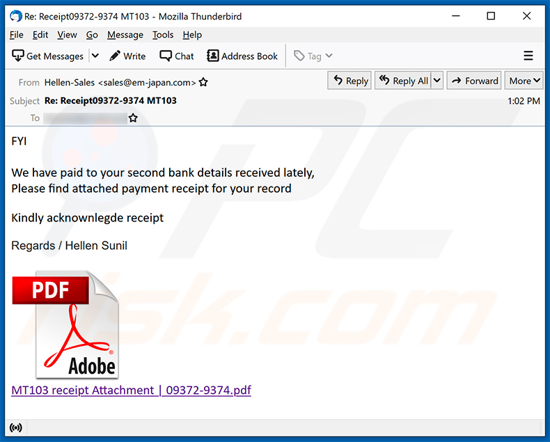 Un esempio di e-mail di spam a tema di pagamenti bancari che promuove un sito Web di phishing