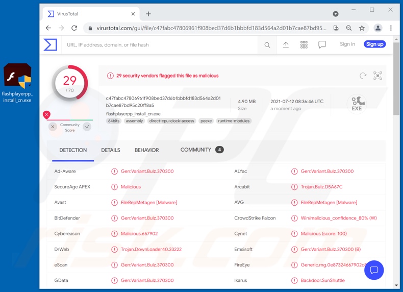 Rilevamenti di malware BIOPASS su VirusTotal