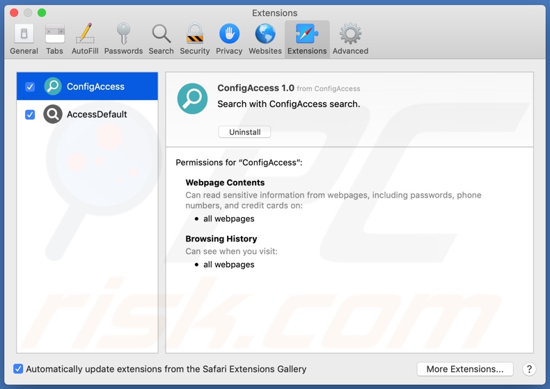 Adware ConfigAccess installato sul browser Safari
