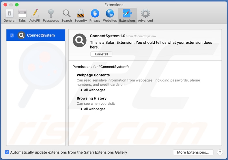 ConnectSystem adware installato su Safari