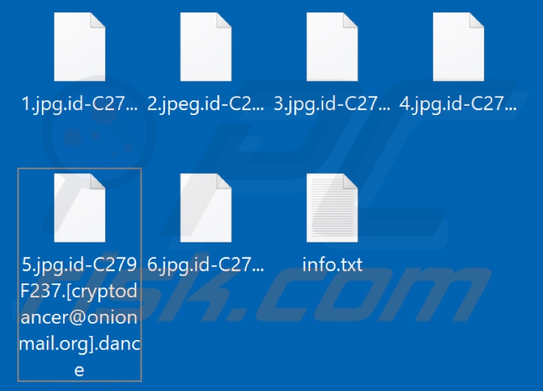 Screenshot dei file crittografati dal ransomware Dance (estensione 